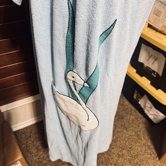 Vintage 70s Terry Cloth Robe Caftan House Dress Swan Pocket Lounge XL Blue USA - Picture 2 of 6